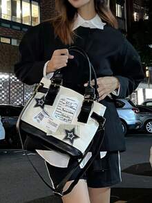 雅比风格复古大容量帆布欧美质感手提包单肩包斜挎包女士百搭通勤包四季通用 - 米色 - 查看 9