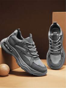 2024 New Arrival Gray Sneakers For Men, Leather & Mesh Panels, Breathable, Thick Sole, Cushioned, Low-Top, Versatile Casual Walking Shoes, Outdoor Work Shoes