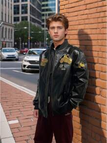 New Spring Autumn Embroidery Racing Suits Boyfriend Style Men Leather Jacket Male Outerwear Motorcycle PU Leather Jacket Winter Riding - Black - View 6