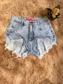 Women's Light Ruffled Denim Shorts - Rửa nhẹ - Xem 2