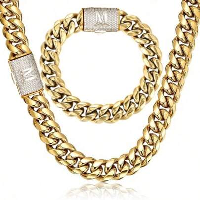 2pcs 14mm Men Curb Punk Link Chain Thick 18K Golden Plated Hip Hop Jewelry Set Stainless Steel Initial Letter M Buckle Necklace Bracelet Set