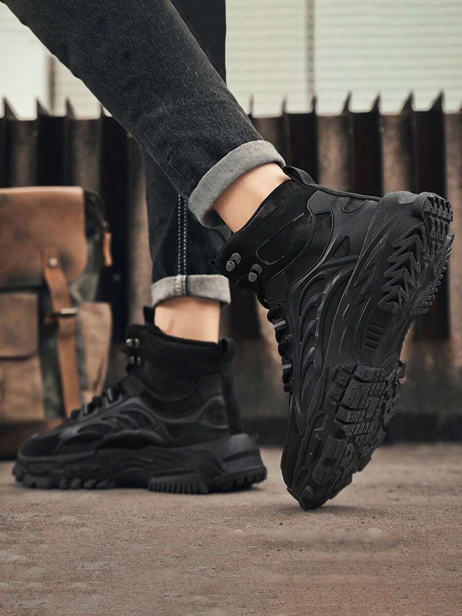 Botas masculinas de cano alto antiderrapantes com sola grossa para atividades ao ar livre, botas de trabalho, couro preto