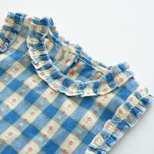 3 件套女童休闲蓝色花卉格子荷叶边短裤 + 长裤 + 无袖上衣 - 藍色 - 查看 4