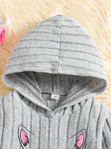 少女卡通刺绣罗纹长袖连帽连衣裙和打底裤套装 - 灰色 - 查看 3