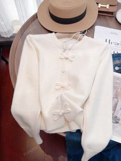 JIANHU Spring Bowknot Knit Cardigan, Cropped Design For Petite Fit, Elegant And Versatile For A Stylish Look