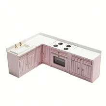 1/12 Scale Wooden Dollhouse Miniature Kitchen Furniture Set - Includes Cabinet, Refrigerator, Stove, Sink And Counter, Suitable For Decorative Dollhouse, Pink Color