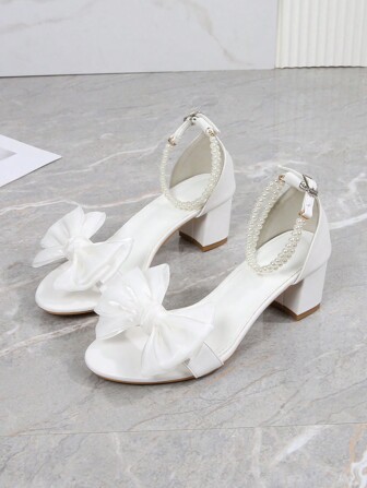 Classic White Bow Peep Toe Sandaler med mellanklack, Chunky Heel 5,5 cm, Lämplig för bröllop, fester, Roman Style, Plus Size 41-44, Bekväma lågklackade sandaler med stängd rygg för kvinnor