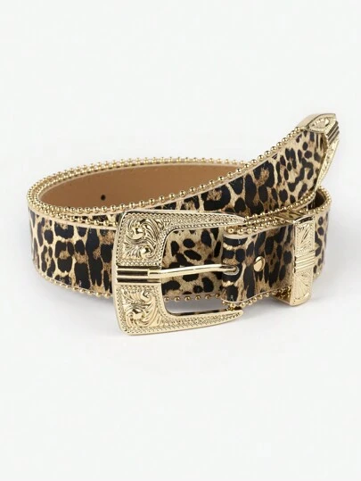 1pc Floral PU Leather Casual Belt For Women, With Fashionable Metal Buckle, Studded Decoration, Versatile Everyday Wear Halloween Leopard Print Summer, School Fall, Autumn, Halloween