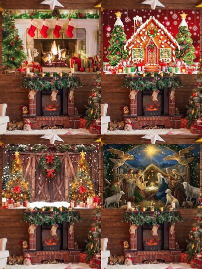 1pc Christmas Themed Backdrop, Featuring Christmas Socks, Christmas House, Wreath, Baby Jesus And Angel Elements, With "Merry Christmas" Text, Suitable For Christmas Party Decoration, Living Room Wall Decor