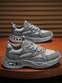 2024 New Arrival Gray Sneakers For Men, Leather & Mesh Panels, Breathable, Thick Sole, Cushioned, Low-Top, Versatile Casual Walking Shoes, Outdoor Work Shoes