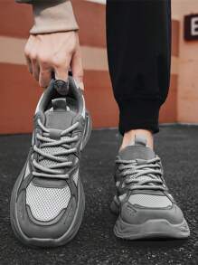 2024 New Arrival Gray Sneakers For Men, Leather & Mesh Panels, Breathable, Thick Sole, Cushioned, Low-Top, Versatile Casual Walking Shoes, Outdoor Work Shoes
