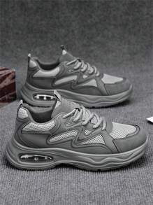 2024 New Arrival Gray Sneakers For Men, Leather & Mesh Panels, Breathable, Thick Sole, Cushioned, Low-Top, Versatile Casual Walking Shoes, Outdoor Work Shoes