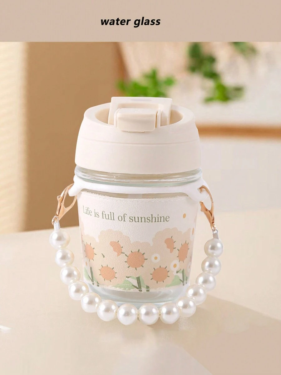1 款极具吸引力的仿珍珠手持便携式玻璃吸管水杯，可爱清爽的双饮水杯，适合女生和学生，咖啡杯，耐热 - 彩色 - 查看 1