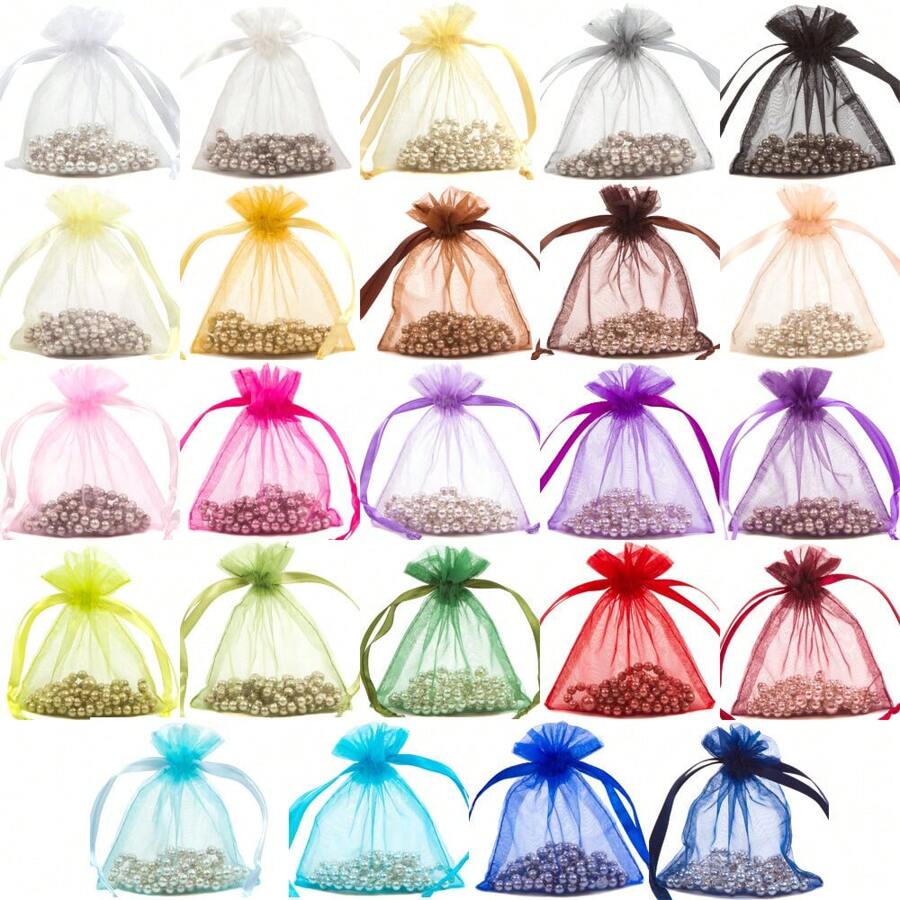 50 piezas/paquete, 25 colores, 7 tamaños, Bolsas de organza de malla de nailon transparente con cordón de alta calidad, bolsas para empaquetar joyas, bolsas de regalo, bolsas para jabón, bolsas para obsequios de boda, bolsas para caramelos, bolsas de almacenamiento, bolsas protectoras para frutas, adecuadas para Navidad, boda, fiesta y vacaciones, Día de San Valentín