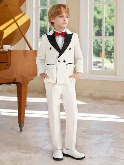 3 件套男童西装套装 - 夹克 + 裤子 + 红色领结，适合舞台表演、婚礼花童装、儿童正装