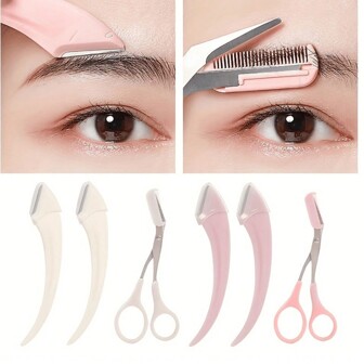 3 件套眉毛修剪器套装不锈钢弯眉刀眉毛剪刀带梳子，适合初学者的美容工具，适合任何皮肤类型，男女脱毛配件，理发沙龙美发产品和配件，美容旅行必需品