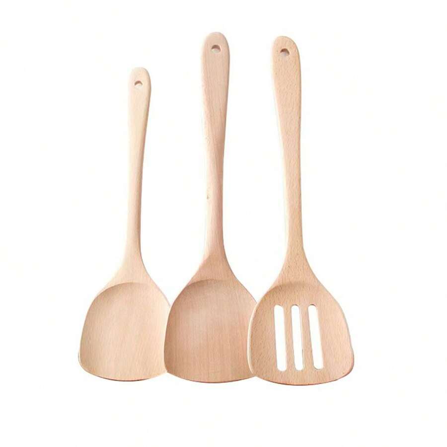 1pc Wooden Cooking Spatula, Long Handle Non-Stick Pan Stirring Spoon, Wooden Kitchen Utensil Suitable For Home And Restaurant - Multicolor - View 1