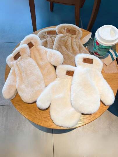 1pair Plush Rabbit Fur Effect Touchscreen Gloves, Warm Thermal Lined Winter Accessories For Women & Girls