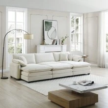 Oversized Modular Cushioned Sofa,With 3 Ottomans To Work As Sleeper Sofa Beds, 3-Seater Sofa With 3 Footstools, Beige Corduroy Fabric
