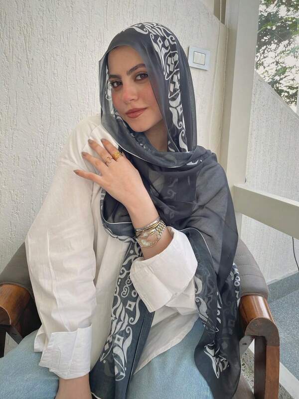 1buc elegantă, casual, poliester, respirabilă, subțire și moale, din șifon, hijab, cu model de soare și lună, potrivită pentru toate anotimpurile