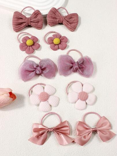 10pcs/Set Girls Autumn/Winter Colorful Flower & Bow Hair Scrunchies, Cute Korean Style