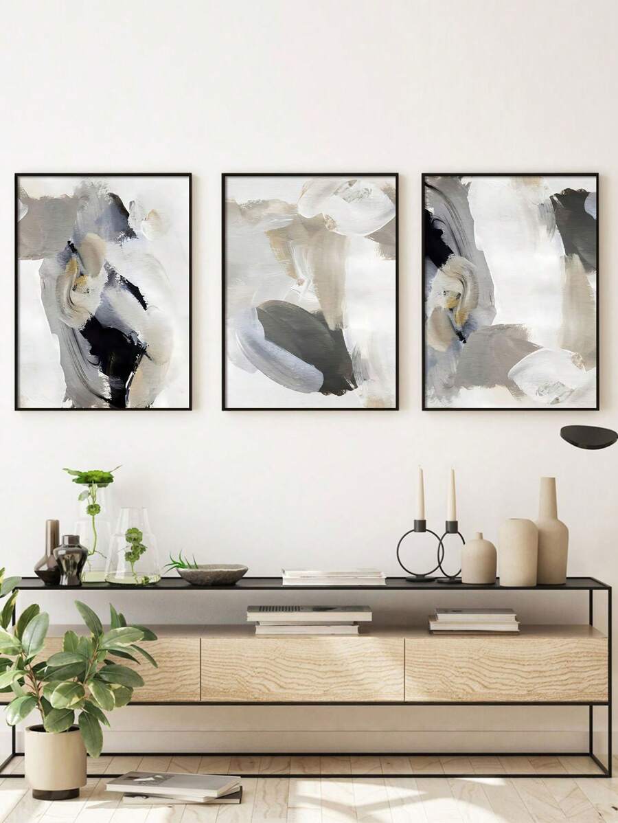 3pcs/Set Canvas Posters, Modern Art Abstract Brushstroke Prints, Grey & Beige Tone Wall Art Canvas, Ideal Gift For Bedroom, Living Room, Kitchen, Corridor, Unframed Wall Decor, Autumn Decoration - Multicolor - View 1