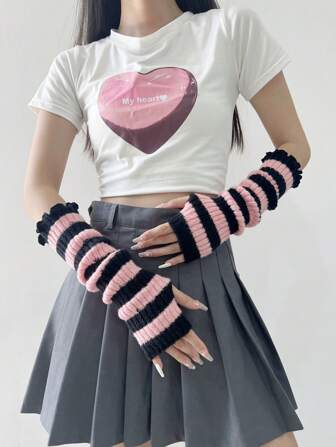 1 Pair Women's Y2K Style Warm Arm Warmers, Knit Striped Fingerless Gloves, Sweet Cute JK Style, Students Warm Sleeve Cover, Halloween Valentine's Day Valentines