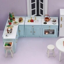 1/12 Scale Wooden Dollhouse Miniature Kitchen Furniture Set - Includes Cabinet, Refrigerator, Stove, Sink And Counter, Suitable For Decorative Dollhouse, Pink Color