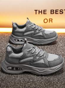 2024 New Arrival Gray Sneakers For Men, Leather & Mesh Panels, Breathable, Thick Sole, Cushioned, Low-Top, Versatile Casual Walking Shoes, Outdoor Work Shoes