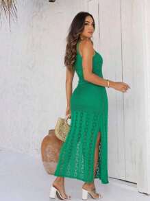 Women's Long Strap Dress With Lining And Side Slits Knit Mesh Luxury Fashion - màu xanh lá - Xem 2