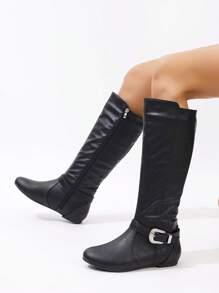 秋冬款黑色侧拉链圆头平底休闲中筒靴女式及膝靴 - 黑色 - 查看 2