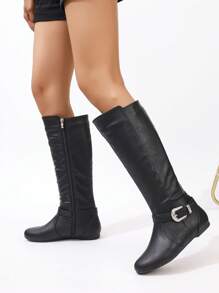 秋冬款黑色侧拉链圆头平底休闲中筒靴女式及膝靴 - 黑色 - 查看 5