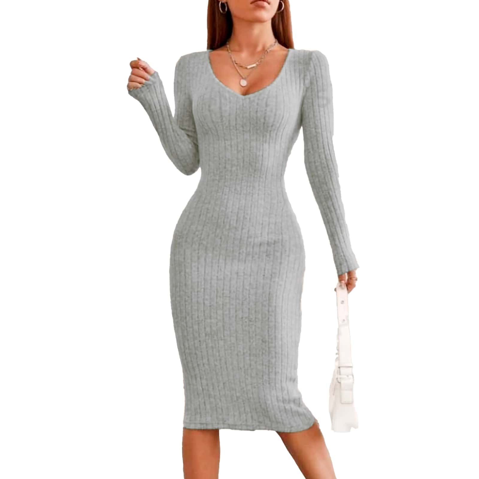 V NECK PENCIL CUT DRESS WITH LONG MIDI SLEEVES - Grey - View 1