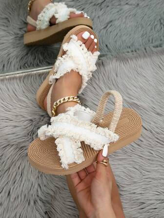 Women Chunky Heel Low Heel Wedge Sandals, Criss Cross Strap Open Toe Versatile Casual Slip-On Beach Travel Summer Bohemian Gladiator Sandals, Colorblock