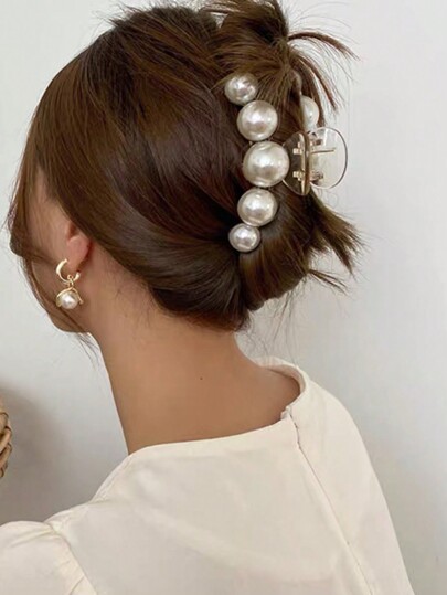 1pc Ladies' Apricot Faux Pearl Decor Hair Clamp Shape, Suitable For Daily Use Elegant Hair Clips Hair Accessories For Women Claw Clips Hair Claws Hair Barrettes, School Stuff, Pearl Hair Accessories