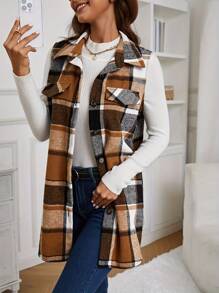 Check Print Sleeveless Jacket With Flap Details