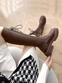 Brown Thigh-High Boots For Women, New 2025 Autumn/Spring Flat Non-Over-The-Knee Riding Boots, Lace-Up Slim-Fit Plus Size 43 High Top Boots
