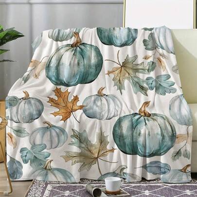 Vintage Watercolor Pumpkin Flannel Throw Blanket - Pumpkin Maple Leaf Autumn Theme Printed Soft Cozy Warm Blanket, Suitable For Bedroom, Sofa, Bed, Perfect Gift For Travel, Office, Camping, Great For Halloween