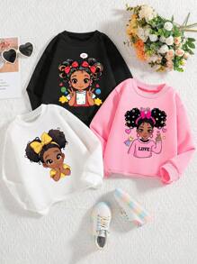 3pcs Tween Girls Cartoon Print Thermal Lined Crew Neck Sweatshirt Set - Multicolor - View 1