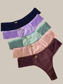 Kit Of 5 Plus Size Panties, Sexy Thong With Lace, Women's Fashion Lingerie - Assorted Colors - 彩色 - 查看 11