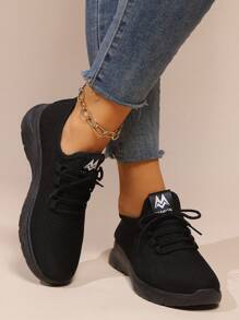 Women's Lightweight Cushioned Fitness Sneakers, Breathable Mesh Sports Shoes, Casual Fashion Trainers, 2024 Summer New Arrival - Black - View 3