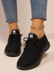 Women's Lightweight Cushioned Fitness Sneakers, Breathable Mesh Sports Shoes, Casual Fashion Trainers, 2024 Summer New Arrival - Black - View 1