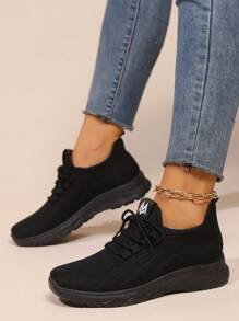 Women's Lightweight Cushioned Fitness Sneakers, Breathable Mesh Sports Shoes, Casual Fashion Trainers, 2024 Summer New Arrival - Black - View 5