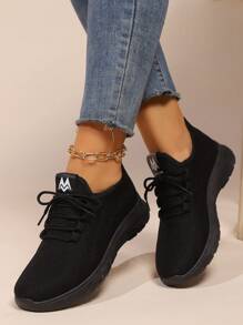 Women's Lightweight Cushioned Fitness Sneakers, Breathable Mesh Sports Shoes, Casual Fashion Trainers, 2024 Summer New Arrival - Black - View 2