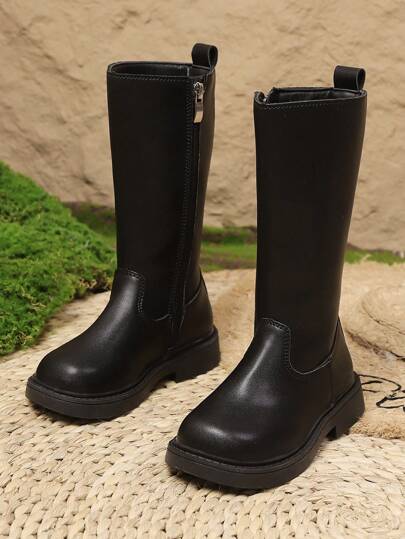 بوت عالية الكاحل سميكة القاع مقاومة للانزلاق ذات لون أحادي وسحاب جانبي للموضة في الخريف والشتاء للأطفال ، مناسبة للمناسبات الكاجوال والأداء والرقص