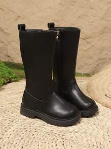 儿童秋冬时尚纯色侧拉链厚底防滑高帮靴，适合休闲、表演和舞蹈活动