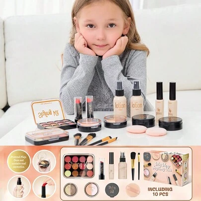 1 套女孩过家家化妆玩具套装、公主首饰套装、刷子、眼影、口红、儿童玩具、节日礼物