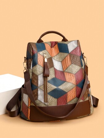 1pc Colorblock Plaid Fabric Decorated Multifunctional Anti-Theft Backpack, Suitable For Women's Daily Use, School Backpack