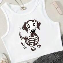 WHITE CROP TOP WITH SKELETON DOG DESIGN, SLEEVELESS, ROUND CURLY, CASUAL GYM T-SHIRT