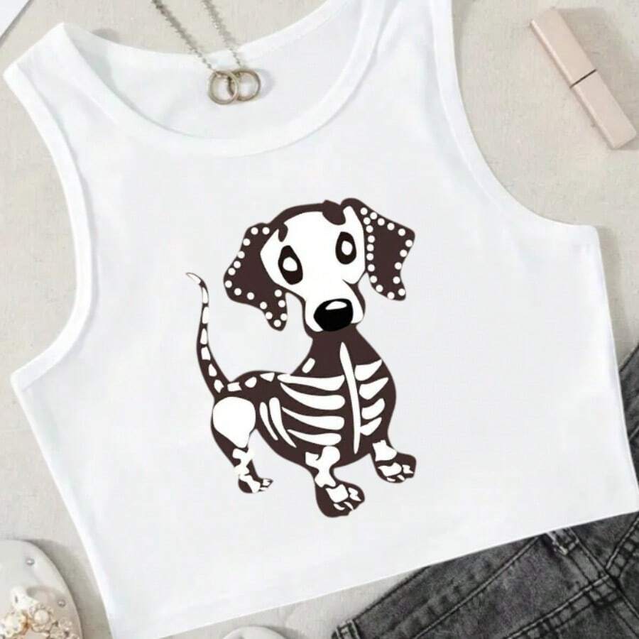 WHITE CROP TOP WITH SKELETON DOG DESIGN, SLEEVELESS, ROUND CURLY, CASUAL GYM T-SHIRT